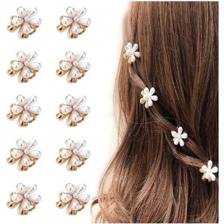 ミニヘアクリップ ヘアピン 花 前髪クリップ ヘアクリップ 白 パール 10個(バレッタ/ヘアクリップ)