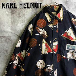 素材色綿100KARL HELMUT 総柄 猫柄　長袖シャツ