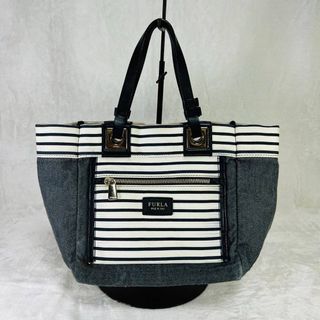 フルラ(Furla)のFURLA ハンドバッグ　デニム　ボーダー　キャンバス(ハンドバッグ)