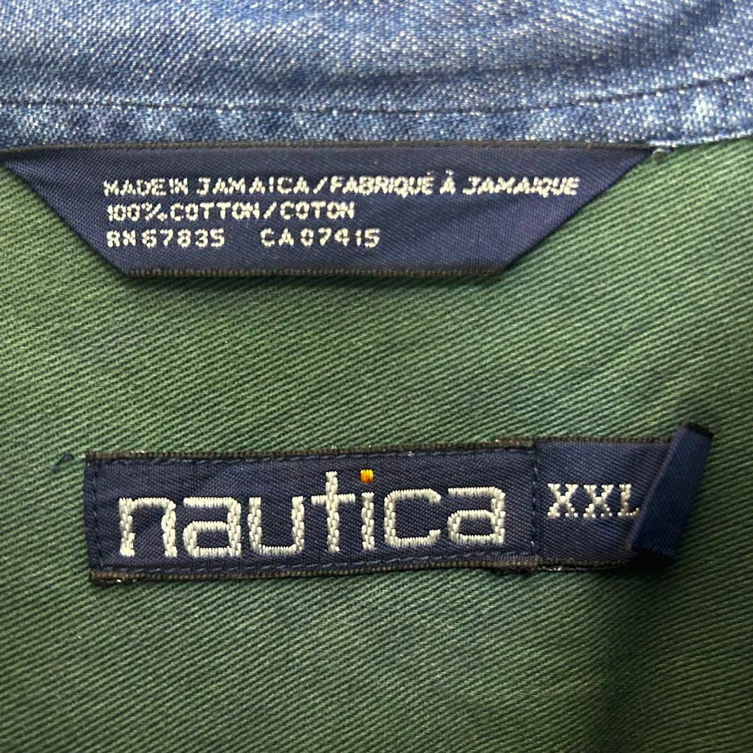 NAUTICA(ノーティカ)のノーティカ 刺繍ロゴ 襟デニム生地 90s 長袖 BDシャツ グリーン XXL メンズのトップス(シャツ)の商品写真