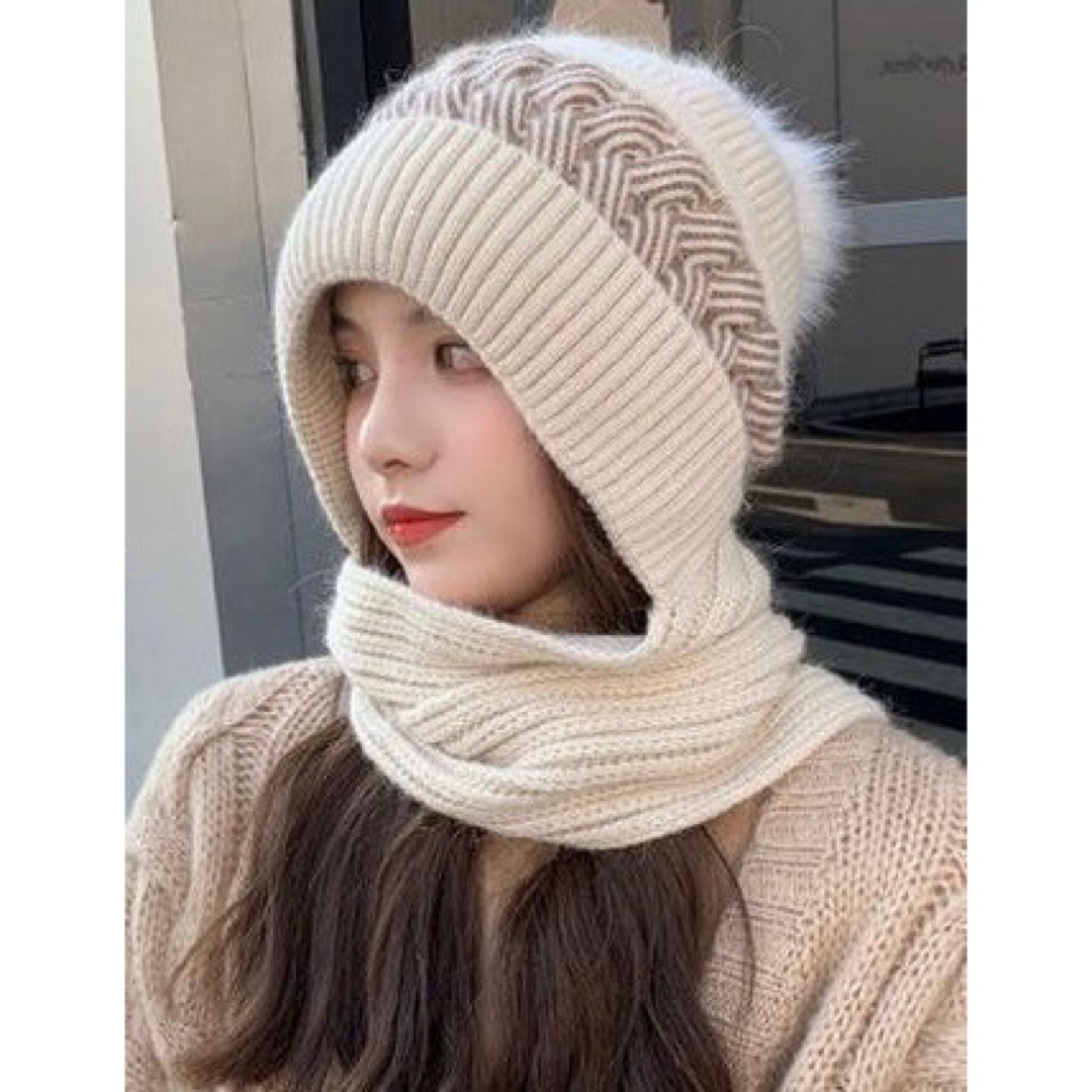 バラクラバ　韓国　マフラー　ニット　ネックウォーマー　一体型　防寒　ファー　 レディースの帽子(ニット帽/ビーニー)の商品写真
