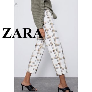 ザラ(ZARA)のZARA★大判チェック柄ロールアップパンツ/XS/オフ白×ベージュ×ブラック(カジュアルパンツ)