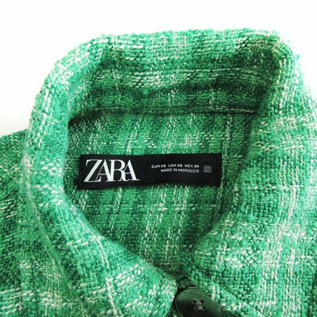 ZARA(ザラ)のザラ ツイードジャケット ステンカラー カットオフ グリーン 緑 XS ■SM1 レディースのジャケット/アウター(ブルゾン)の商品写真