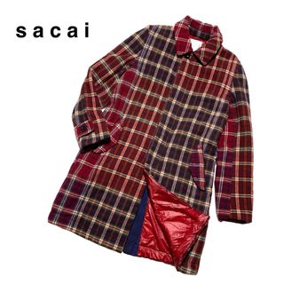 サカイ(sacai)の☆良品 サカイ カシミヤ混 中綿 チェック 切替 ステンカラーコート 日本製(ステンカラーコート)