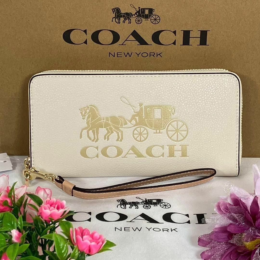 COACH コーチ 長財布  ホワイト×馬車 ロゴ  イエロー