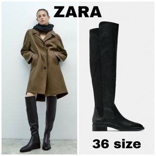 ザラ(ZARA)のZARA　ニーハイフラットブーツ　36サイズ　ブラック(ブーツ)