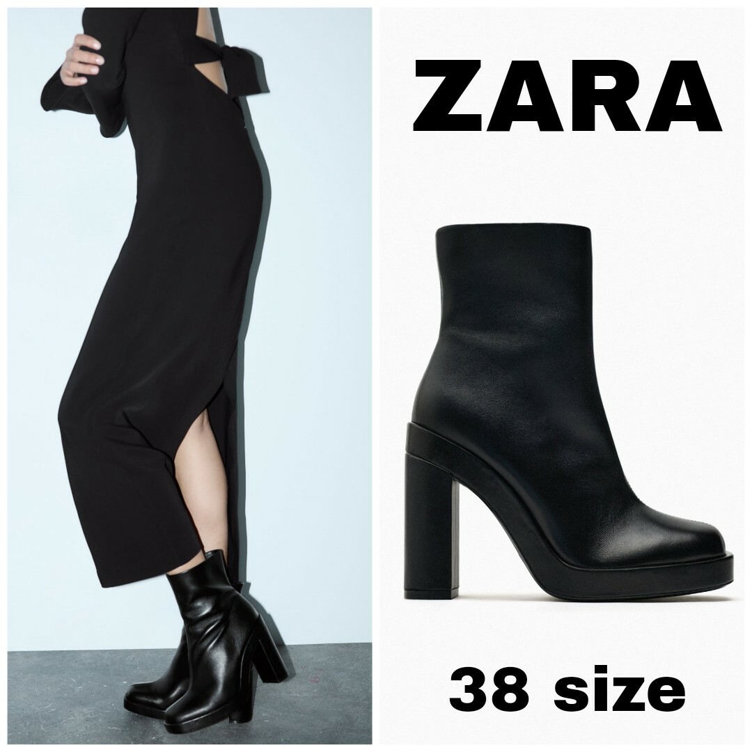 ZARA(ザラ)のZARA　プラットフォーム仕様レザーハイヒールアンクルブーツ　38サイズ レディースの靴/シューズ(ブーツ)の商品写真