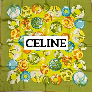 セリーヌ(celine)の極美品 ★CELINE★ スカーフ 大判 リング プレート 花 シルク グリーン(バンダナ/スカーフ)