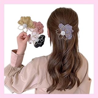 フラワーシフォンヘアクリップ　グレー　上品　華やか　お呼ばれ　韓国　可愛い(バレッタ/ヘアクリップ)