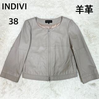 インディヴィ(INDIVI)の美品✨INDIVI ラムレザージャケット ノーカラー 袖ワイド ステッチ M(ノーカラージャケット)