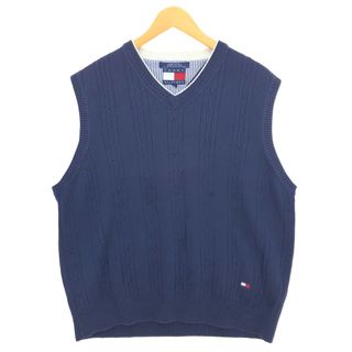 トミーヒルフィガー(TOMMY HILFIGER)の古着 90年代 トミーヒルフィガー TOMMY HILFIGER ケーブル編み Vネック コットンニットベスト メンズL ヴィンテージ /eaa420110(ベスト)