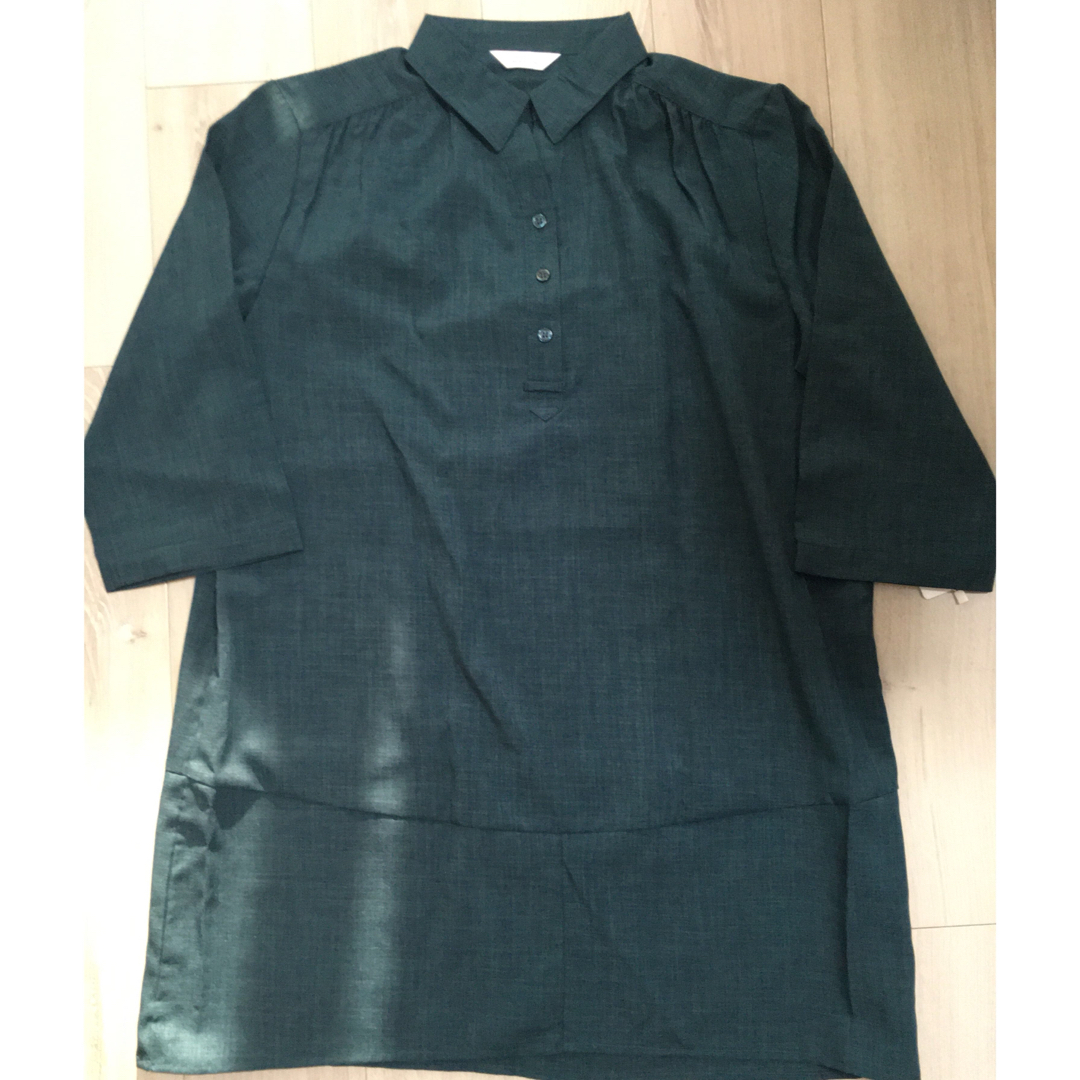 チュニック丈半袖シャツダークグリーン レディースのトップス(シャツ/ブラウス(半袖/袖なし))の商品写真