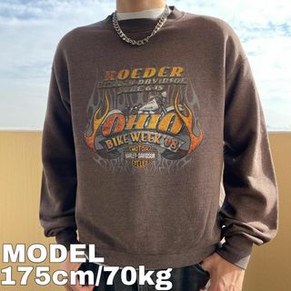 ハーレーダビッドソン(Harley Davidson)のハーレーダビッドソン プリントスウェット 00s バイク オハイオ L 茶色 黒(スウェット)