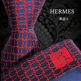 エルメス(Hermes)の美品 HERMES フランス製 ネイビー レッド系 ロープ柄 総柄(ネクタイ)