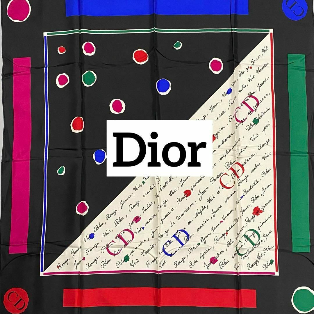 Christian Dior(クリスチャンディオール)の美品 ★Dior★ スカーフ 大判 ドット 筆記体 ブラック タグ無し ケース付 レディースのファッション小物(バンダナ/スカーフ)の商品写真