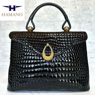 ハマノヒカクコウゲイ(濱野皮革工藝/HAMANO)の【美品】HAMANO シャイニングクロコ ブラック ゴールド金具 ハンドバッグ(ハンドバッグ)