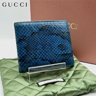 グッチ(Gucci)の美品 GUCCI 二つ折り財布 お札入れ パイソン ロゴ ダークブルー(折り財布)