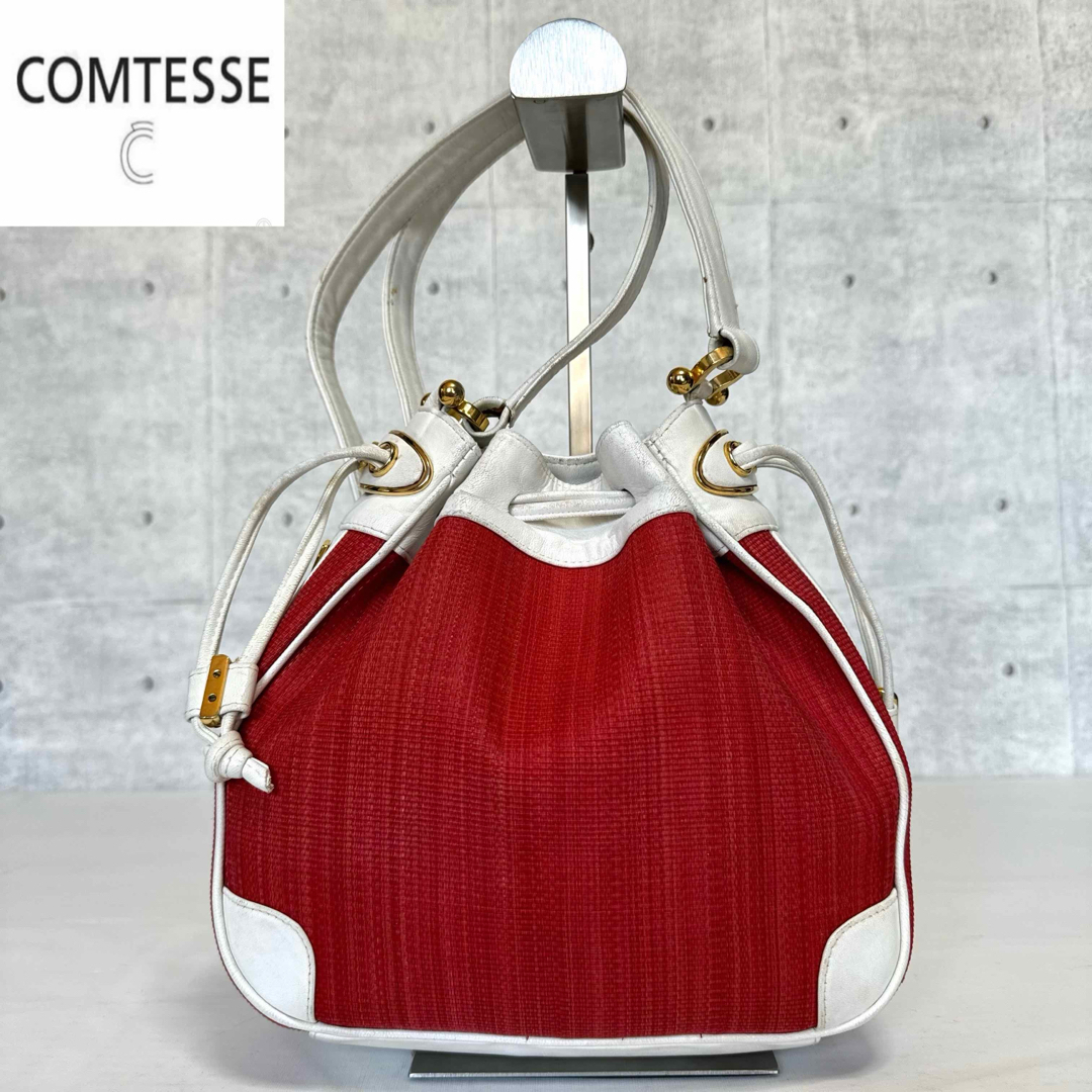 COMTESSE】ホースヘア×レザー レッド×ホワイト 巾着 ショルダー COMTESSE】ホースヘア×レザー レッド×ホワイト 巾着 ショルダー