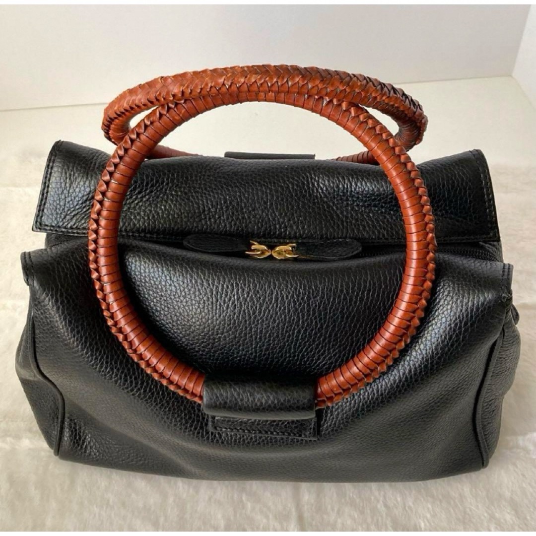 ALDO(アルド)のイタリア製　レザーバッグ　本革　ハンドバッグ　黒×茶　マチあり　ファスナー付き レディースのバッグ(ハンドバッグ)の商品写真