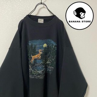 ヴィンテージ(VINTAGE)の90's スウェット 黒 アニマル刺繍 プリント 鹿 ビッグシルエット 裏起毛(スウェット)