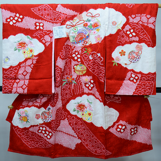 お宮参り産着 正絹 のしめ 女児 着物 高級 絞り 総刺繍 赤地 NO39741(お宮参り用品)