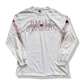 ハーレーダビッドソン(Harley Davidson)のハーレーダビッドソン ファイヤーパターン Hanes 長袖Tシャツ M USA製(Tシャツ/カットソー(七分/長袖))