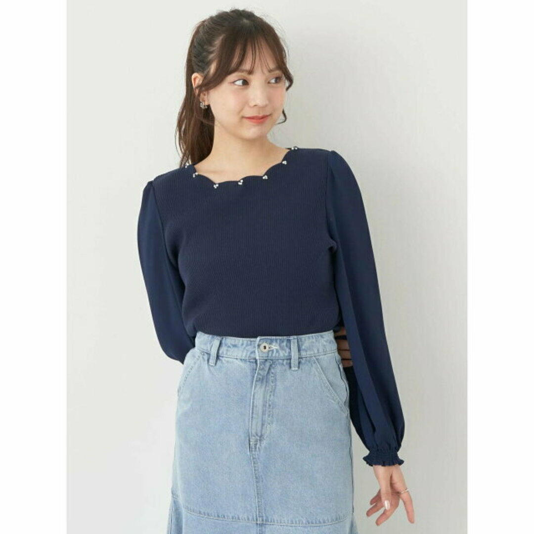 earth music & ecology(アースミュージックアンドエコロジー)の【ネイビー】スカラップビジュープルオーバー カットソー/レディース/春/24SS レディースのトップス(カットソー(長袖/七分))の商品写真