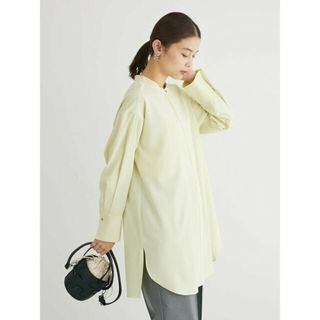 グリーンパークス(green parks)の【ライムグリーン】イージーケア 比翼ボタンチュニック 24SS/体型カバー/洗える/ウォッシャブル/防シワ/バンドカラー/長袖/レディース(ミニワンピース)