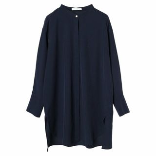 グリーンパークス(green parks)の【ダークネイビー】イージーケア 比翼ボタンチュニック 24SS/体型カバー/洗える/ウォッシャブル/防シワ/バンドカラー/長袖/レディース(ミニワンピース)