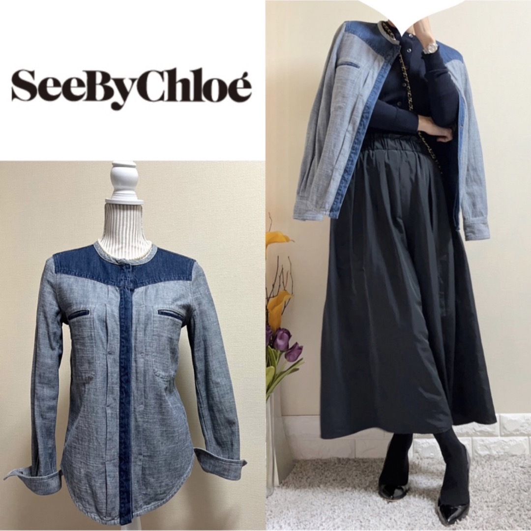 SEE BY CHLOE(シーバイクロエ)のSEE BY Chloeシーバイクロエ　配色デニム　シャツ　ジャケット　F レディースのジャケット/アウター(Gジャン/デニムジャケット)の商品写真