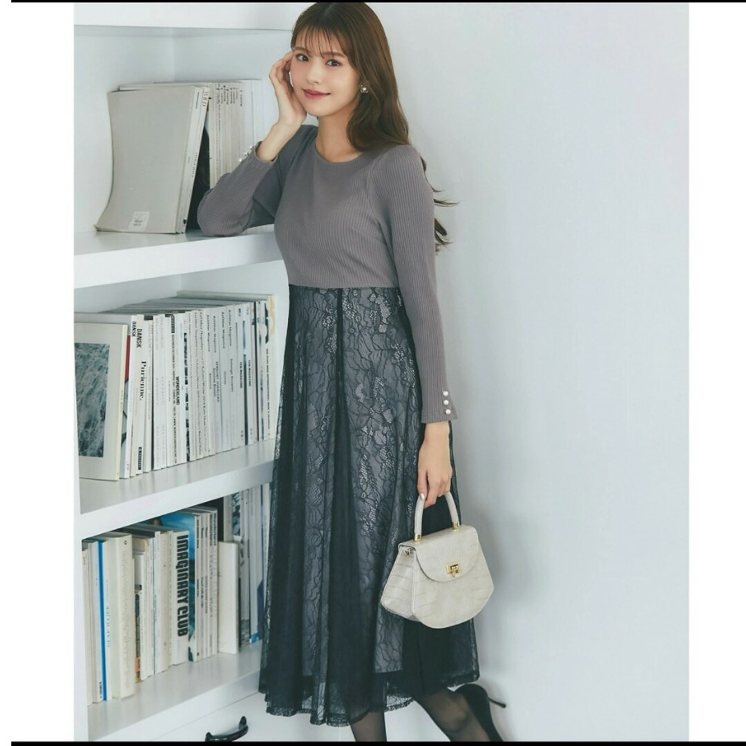 TOCCO closet(トッコクローゼット)のtocco closet リボン＆パール付き ハイウエスト ドッキングワンピース レディースのワンピース(ロングワンピース/マキシワンピース)の商品写真