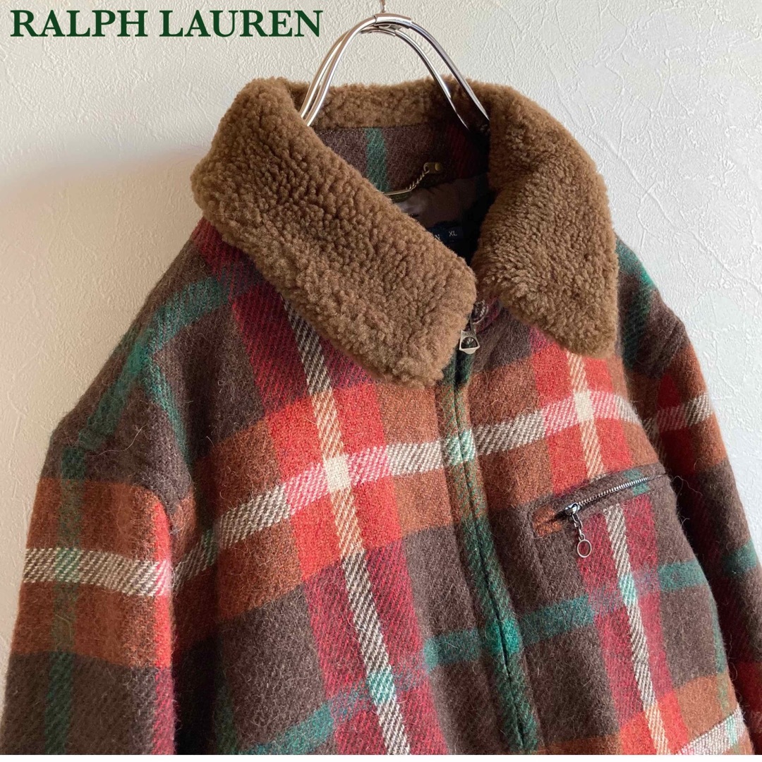 Ralph Lauren(ラルフローレン)のラルフローレン ムートン襟 ウール アルパカ チェック ツイード ジップブルゾン レディースのジャケット/アウター(ブルゾン)の商品写真