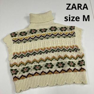 ザラ(ZARA)のZARA ザラ　ニットベスト　花柄　総柄　タートルネック　ショート丈　古着女子(ニット/セーター)