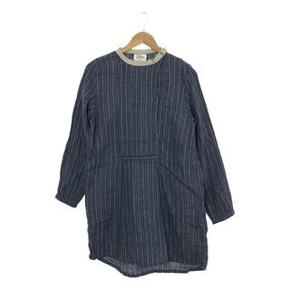 ヤーモ(Yarmo)のYarmo / ヤーモ | リネン ストライプ バンドカラー ロングシャツ ワンピース | 38 | ブルー | レディース(ロングワンピース/マキシワンピース)