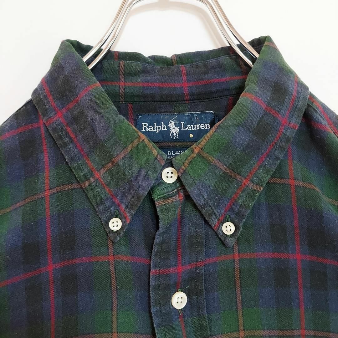 Ralph Lauren(ラルフローレン)の90s ラルフローレン BDチェックシャツ XL グリーン 緑 紺 刺繍 ポニー メンズのトップス(シャツ)の商品写真