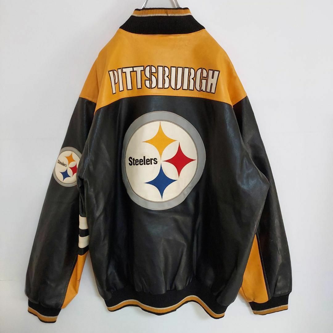 スティーラーズ NFL レザージャケット スタジャン ロゴ刺繍 L 黒 黄色 赤 スティーラーズ NFL レザージャケット スタジャン ロゴ刺繍 L 黒 黄色 赤