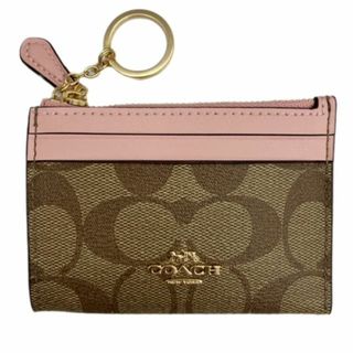 コーチ(COACH)のCOACH コーチ キーリング付きコインケース 88208 シグネチャー カードケース マルチケース パスケース レディース ベージュ ピンク(パスケース/IDカードホルダー)