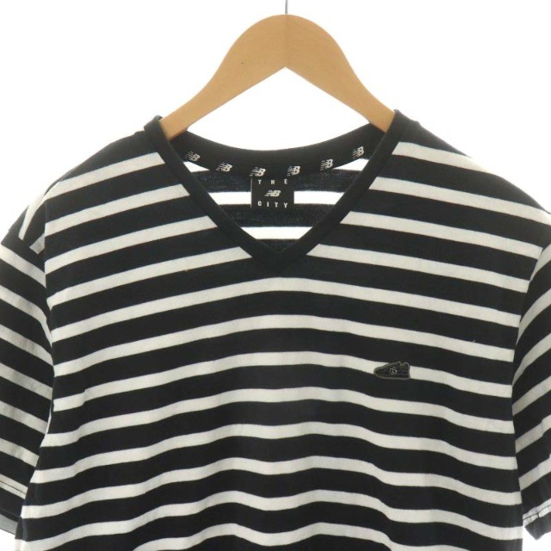 New Balance(ニューバランス)のNEW BALANCE Tシャツ カットソー Vネック ボーダー柄 L 黒 白 メンズのトップス(Tシャツ/カットソー(半袖/袖なし))の商品写真