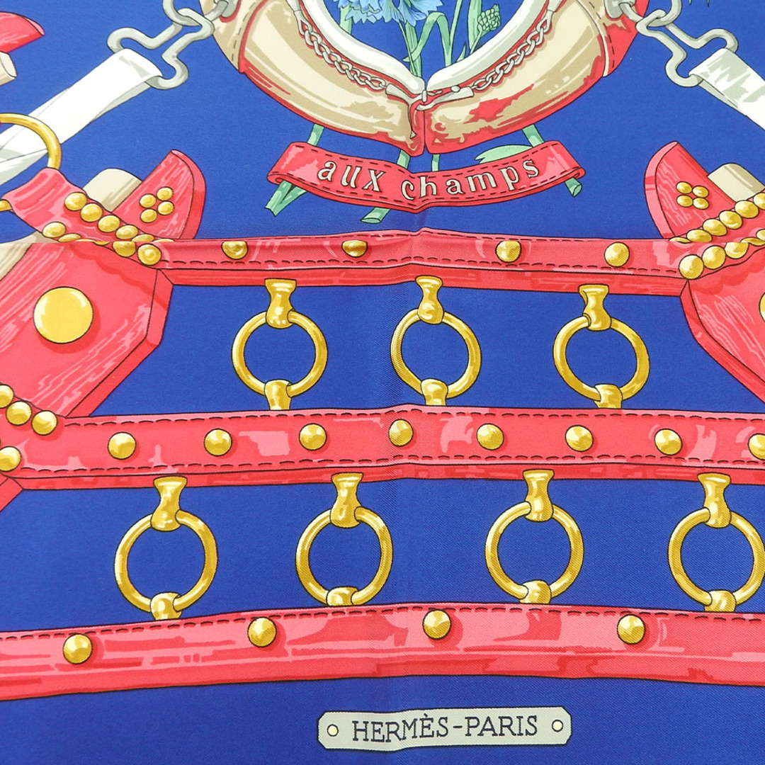 Hermes(エルメス)の【中古】 エルメス スカーフ カレ90 シルク100％ フィールドへ  aux champs ネイビー ブルー ピンク レディース 女性 HERMES CARRE90 scarf silk レディースのファッション小物(バンダナ/スカーフ)の商品写真