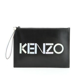 美品 KENZO ケンゾー オーロラ ロゴ レザー セカンドバッグ クラッチ 書類 ポーチ 通勤 ビジネス トート ブラック メンズ EEE O4-1