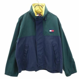 トミーヒルフィガー(TOMMY HILFIGER)のトミーヒルフィガー 90s オールド フラッグタグ ナイロンジャケット S グリーン×ネイビー TOMMY HILFIGER フード メンズ 古着 【240214】(ナイロンジャケット)