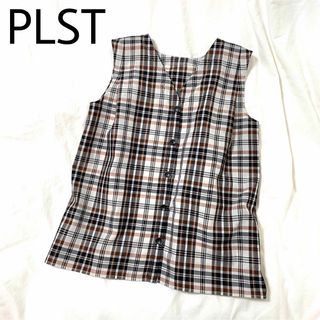 プラステ(PLST)の極美品【PLST】ノースリーブ ブラウス チェック柄 白×茶(シャツ/ブラウス(半袖/袖なし))