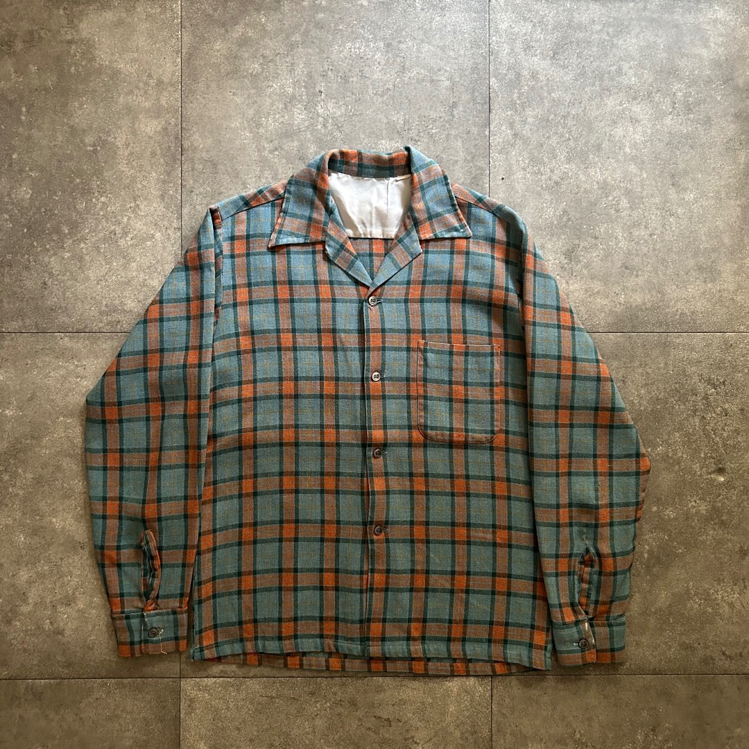 60s チェックシャツ ボックス/オープンカラー  S グリーンブルー×オレンジ メンズのトップス(シャツ)の商品写真