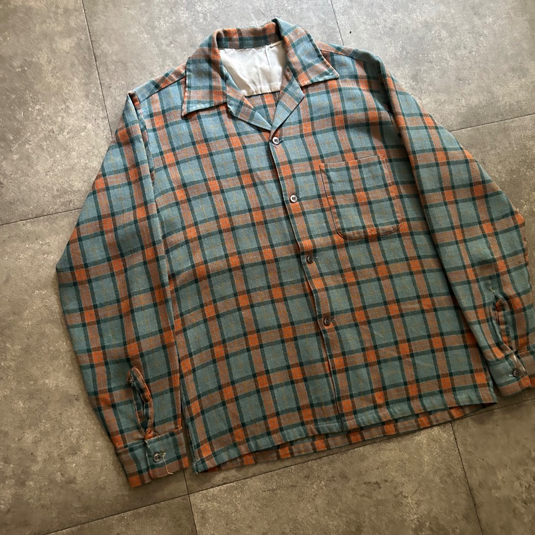 60s チェックシャツ ボックス/オープンカラー  S グリーンブルー×オレンジ メンズのトップス(シャツ)の商品写真