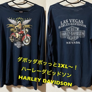 ハーレーダビッドソン(Harley Davidson)のダボッダボッっと2XL〜！ハーレーダビッドソン 古着長袖TシャツロンT ネイビー(Tシャツ/カットソー(七分/長袖))