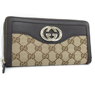 グッチ(Gucci)のGUCCI ラウンドファスナー長財布 GGキャンバス レザー ブラウン(財布)