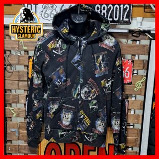 ヒステリックグラマー(HYSTERIC GLAMOUR)のヒステリックグラマー　総柄　メタルロゴ　ジップアップ　パーカー　L　ブラック　黒(パーカー)