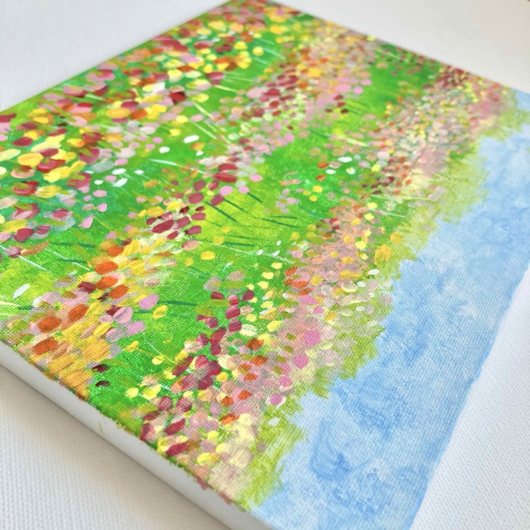 春の野＊絵画　原画　風景画　チューリップ　たんぽぽ　ガーベラ　菜の花 エンタメ/ホビーの美術品/アンティーク(絵画/タペストリー)の商品写真