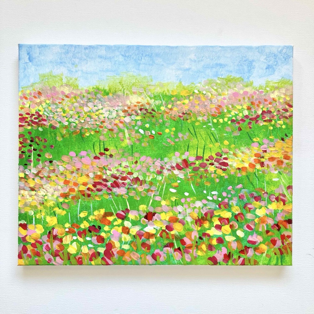 春の野＊絵画　原画　風景画　チューリップ　たんぽぽ　ガーベラ　菜の花 エンタメ/ホビーの美術品/アンティーク(絵画/タペストリー)の商品写真