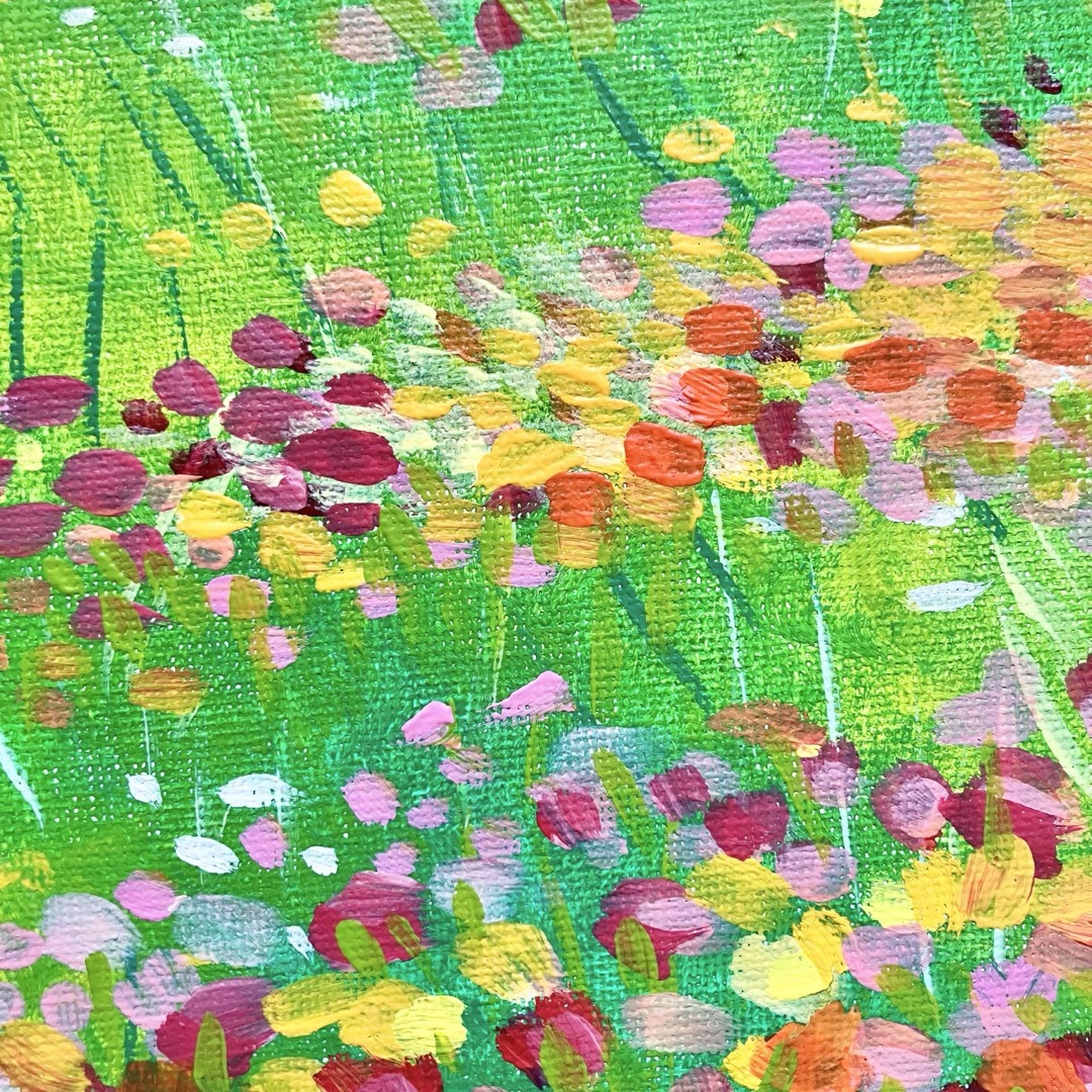 春の野＊絵画　原画　風景画　チューリップ　たんぽぽ　ガーベラ　菜の花 エンタメ/ホビーの美術品/アンティーク(絵画/タペストリー)の商品写真